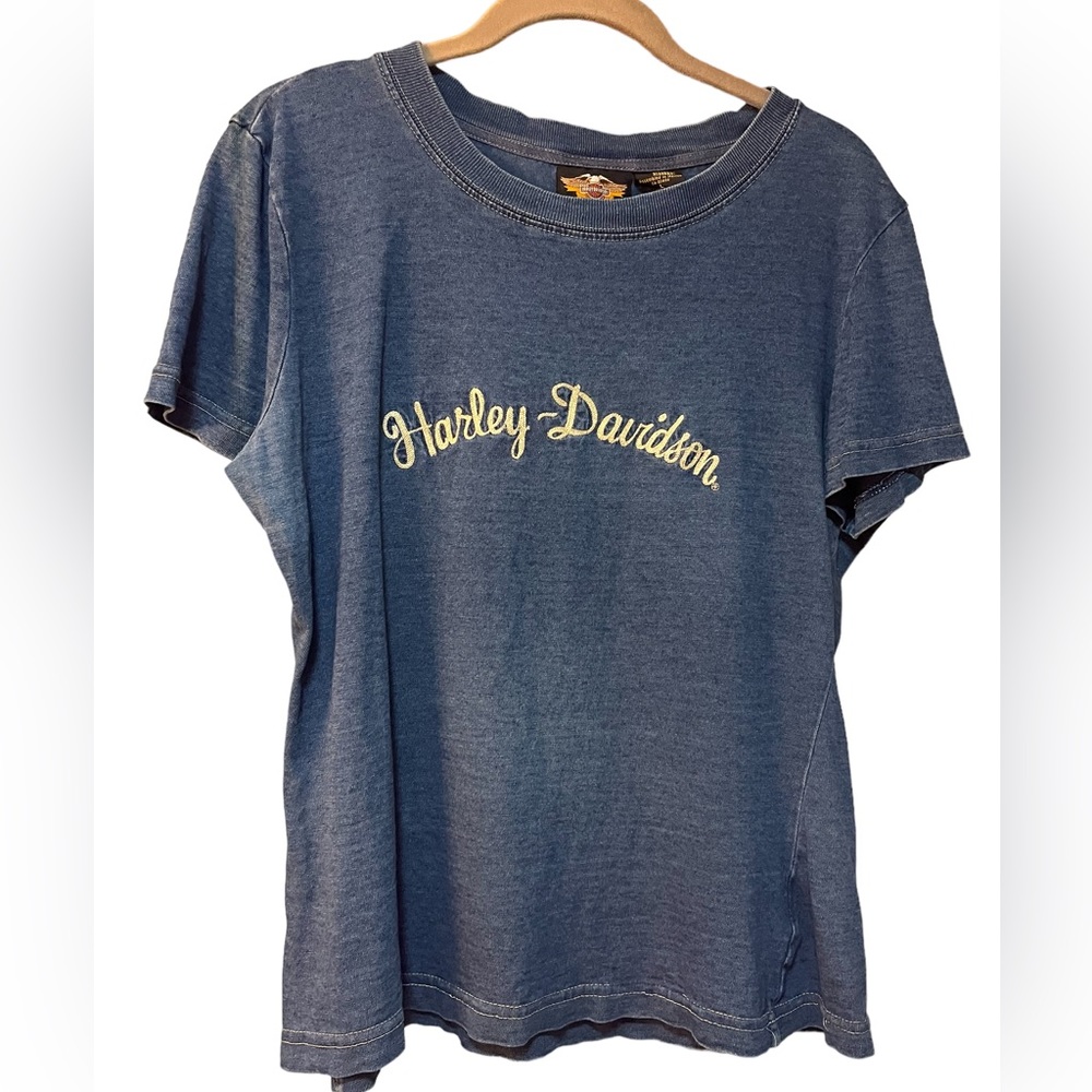 🔥🔥🔥Harley Davidson Denim Blue Embroidered Short Sleeve Shirt